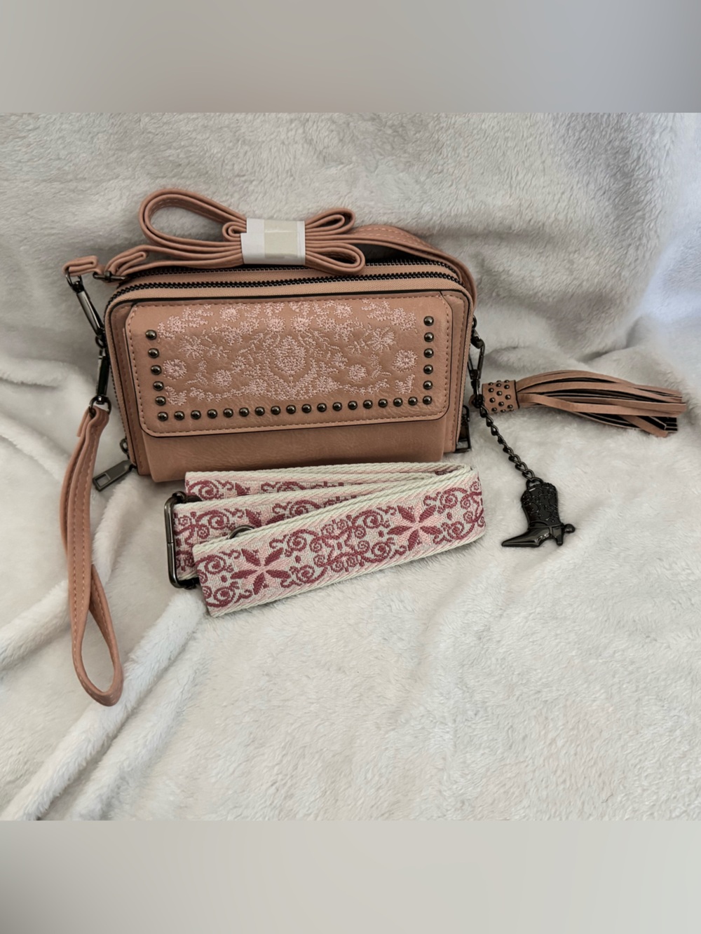 Blush Pink Embroidered Crossbody Wristlet Bag